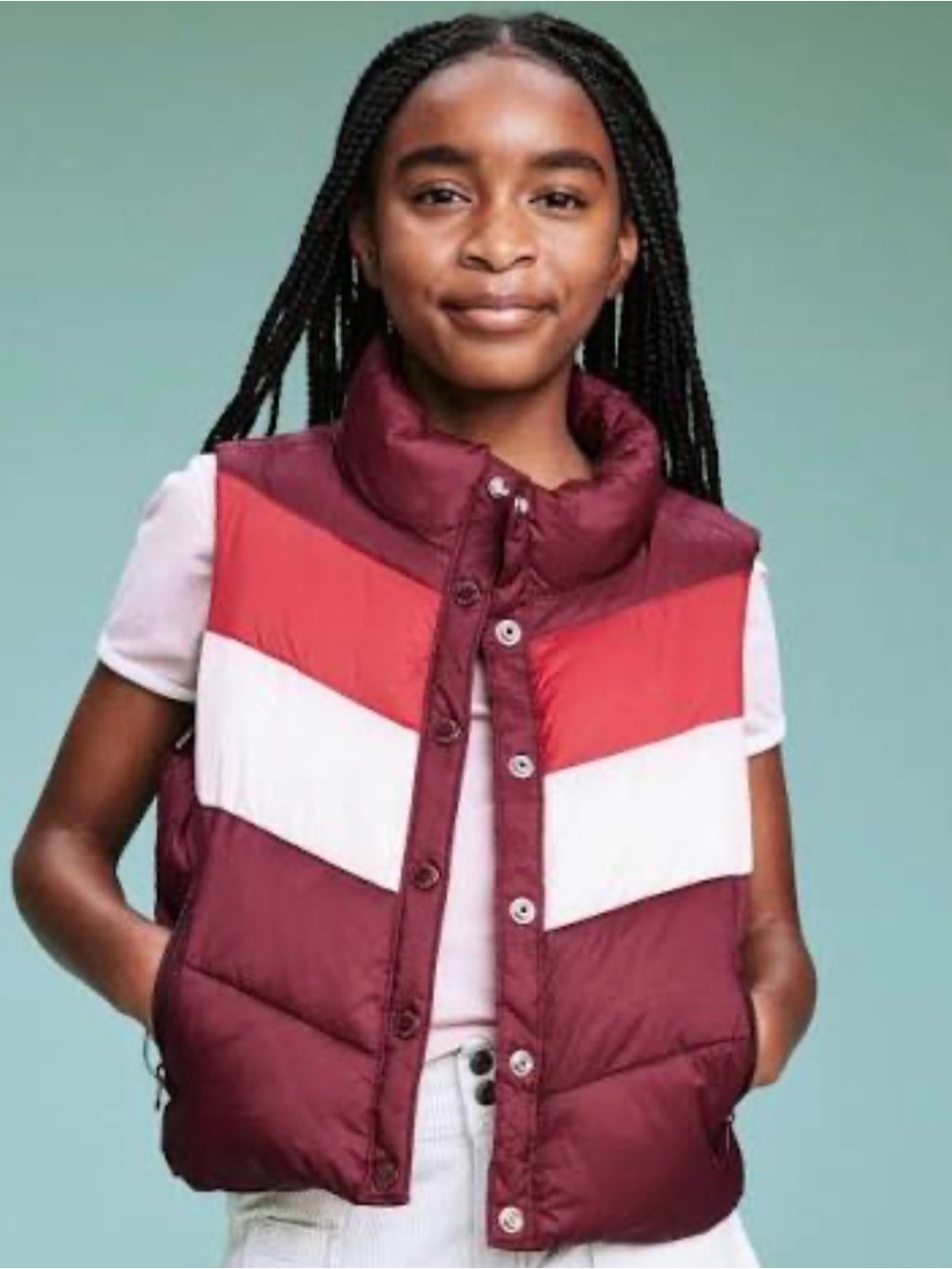 Old Navy Burgundy Puffer Vest with Red and Pink Chevron Panels